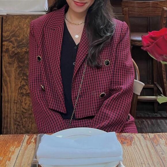 Zara Houndstooth Cropped Blazer Jacket Shoulder Pad Double Breasted Plaid - Picture 3 of 13